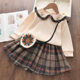 Plaid Top + Pleated Half-length Princess Skirt Two-piece Suit (Color:White Size:140)