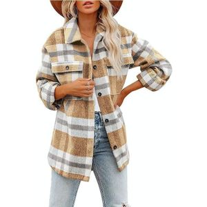 Revers lange mouwen flanel check shirt losse casual vest jack voor dames (kleur: Khaki Size: S)