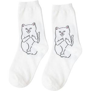 Middle Finger Cat Men and Women Hip Hop Street Wind Skateboard Tube Cotton Socks(Cat White)