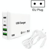 PD 100W Dual USB-C / Type-C + Dual USB 4-poorts lader met stroomkabel voor Apple / Huawei / Samsung Laptop EU Plug