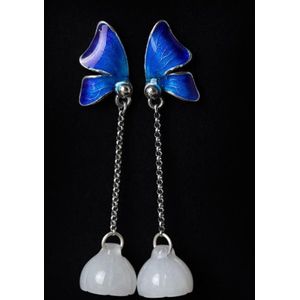 925 Sterling Silver White Jade Lotus Earrings Elegant Butterfly Earrings Enamel Process Fine Jewelry