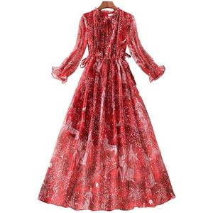 Spring Women National Style Floral Chiffon Dress 82418 (Kleur: Rood formaat:S)