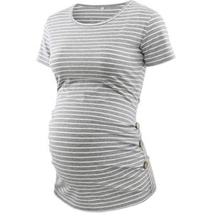 Moederschap korte mouwen T-shirt Zijknoppen Geplooide Top (Kleur: Lichtgrijs Strepen Grootte: M)