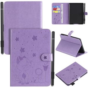 For Amazon Kindle Paperwhite 4 (2018) / 3 / 2 / 1 Cat Bee Embossing Pattern Shockproof Table PC Protective Horizontal Flip Leather Case with Card Slots & Wallet & Pen Slot & Sleep / Wake-up Function(Purple)