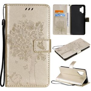 For Samsung Galaxy A32 5G Tree & Cat Pattern Pressed Printing Horizontal Flip PU Leather Case with Holder & Card Slots & Wallet & Lanyard(Gold)