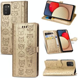 For Galaxy A03S Cute Cat and Dog Embossed Horizontal Flip Leather Case with Holder & Card Slots & Wallet & Lanyard(Gold)