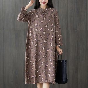 Floral Cotton And Linen Plus Size Retro Mid-length Dress (Color:Coffee Size:L)