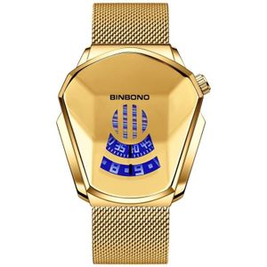 BINBOND Locomotive Concept Watch Heren Live Black Technology Watch (gouden netriem-volledig goud-goud gezicht)