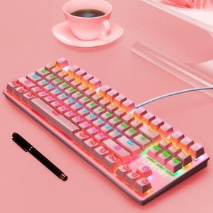 LEAVEN K550 87 Keys Green Shaft Gaming Athletic Office Notebook Punk Mechanical Keyboard  Cable Length: 1.8m(Pink )