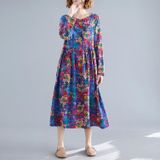 Loose Mid-length Ethnic Style Womens Long-sleeved Printed Cotton And Linen Dress (Color:Rose Red Size:XL)