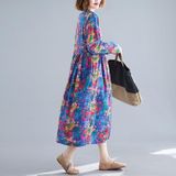 Loose Mid-length Ethnic Style Womens Long-sleeved Printed Cotton And Linen Dress (Color:Rose Red Size:XL)