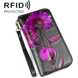 907 Antimagnetic RFID Women Flower Pattern Large Capacity Hand Wallet Purse Phone Bag with Card Slots(Purple)