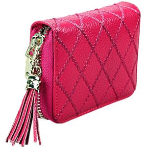 Genuine Cowhide Leather Grid Texture Zipper Card Holder Wallet RFID Blocking Card Bag Protect Case Coin Purse with Tassel Pendant & 15 Card Slots for Women  Size: 11.1*7.9*3.5cm(Beans Pink)