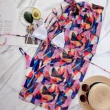 3 in 1 Square Print Pattern Bikini Ladies Split Swimsuit Set with Mesh Long Skirt (Color:As The Picture Shows Size:S)