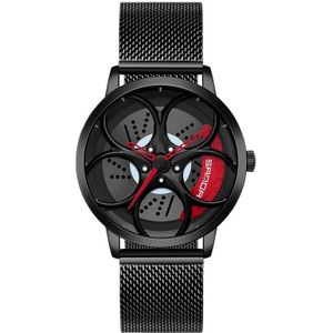 Sanda 1070 3D Ovaal Hol Wiel Niet-roteerbaar Dial Quartz Horloge voor Mannen  Stijl: Mesh Riem (zwart rood)