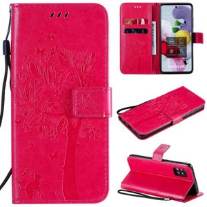 For Samsung Galaxy A51 5G Tree & Cat Embossed Pattern Horizontal Flip Leather Case with Holder & Card Slots & Wallet & Lanyard(Rose Red)