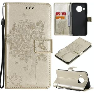 For Nokia X10 Tree & Cat Pattern Pressed Printing Horizontal Flip PU Leather Case with Holder & Card Slots & Wallet & Lanyard(Gold)