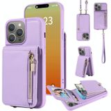 Voor iPhone 15 Pro Max Crossbody Lanyard Rits Portemonnee Lederen Telefoonhoesje (Paars)