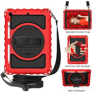 For iPad 10.2 360 Degree Rotating Case with Pencil Holder  Kickstand Shockproof Heavy Duty with Shoulder Strap Hand Strap(Red)