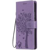 For Nokia 3.4 Tree & Cat Pattern Pressed Printing Horizontal Flip PU Leather Case with Holder & Card Slots & Wallet & Lanyard(Light Purple)