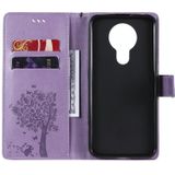 For Nokia 3.4 Tree & Cat Pattern Pressed Printing Horizontal Flip PU Leather Case with Holder & Card Slots & Wallet & Lanyard(Light Purple)
