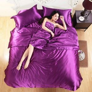 Pure Satin Silk Bedding Set Home Textile Bed Set Bedclothes Duvet Cover Sheet Pillowcases  Size:2.2m bed four-piece set(Purple)