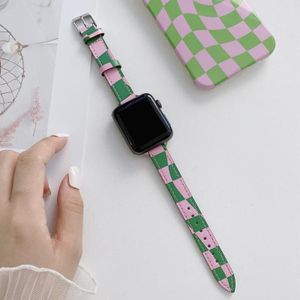 Afslanken Checkerborder Lederen Vervanging Strap Horlogeband Voor Apple Watch Series 7 41mm / 6 & SE & 5 & 4 40mm / 3 & 2 & 1 38mm (groen Paars)