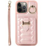 Voor iPhone 12 Pro Max Vertical Card Bag Ring Holder Phone Case met Dual Lanyard (Rose Gold)