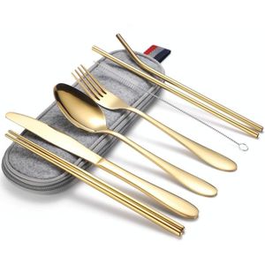 7 in 1 Cutlery Spoon Chopsticks And Straw Set Stainless Steel Portable Cutlery Set  Specification: Gold+ Light Bag