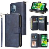 9 Card Slots Zipper Wallet Bag Leather Phone Case For iPhone 13 mini(Blue)