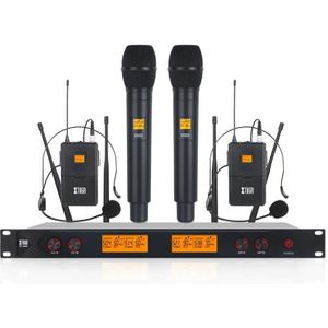 XTUGA A400-HB Professioneel 4-kanaals UHF draadloos microfoonsysteem met 2 handheld- en 2 headset-microfoons (EU-stekker)