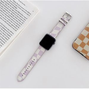 Checkerboard Lederen Vervanging Strap Horlogeband voor Apple Watch Series 7 & 6 & SE & 5 & 4 44mm / 3 & 2 & 1 42mm (Paars)
