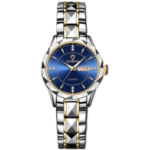 BINBOND B5552 Lichtgevend multifunctioneel quartz horloge met zakelijke kalender (vrouw-inter-goud-blauw)