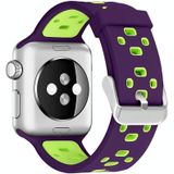 Vierkante gat tweekleurige siliconen gesp vervangende band horlogeband voor Apple Watch Series 7 41mm / 6 & SE & 5 & 4 40mm / 3 & 2 & 1 38mm (paars + groen)