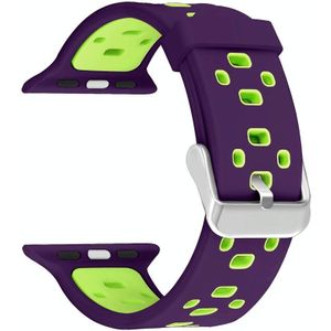 Vierkante gat tweekleurige siliconen gesp vervangende band horlogeband voor Apple Watch Series 7 41mm / 6 & SE & 5 & 4 40mm / 3 & 2 & 1 38mm (paars + groen)