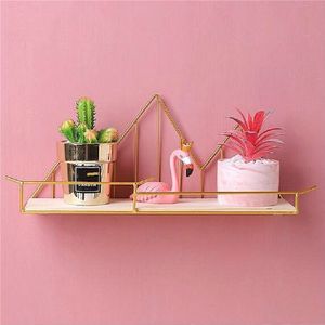 Wrought Iron Wooden Slotted Clapboard Shelf Home Decoration Wall Rack(Gold)