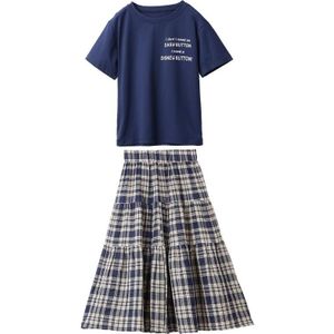 Girls Short Sleeve + Plaid Skirt Two-piece Suit (Color:Blue Size:120)