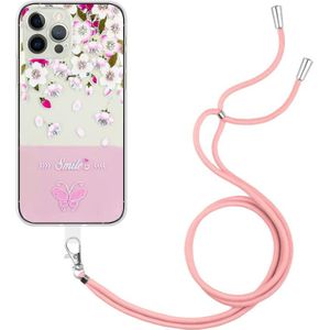 Voor iPhone 15 Pro Bronzing Vlinderbloem TPU Telefoonhoesje met Lanyard (Perzikbloesems)