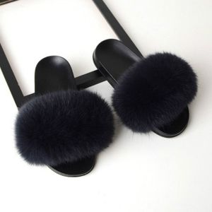 Fox Fur Slippers Flip-flops Non-slip Flat Fur Shoes Sandalen voor dames  schoenmaat:44-45(27cm)(Donkergrijs)