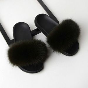 Fox Fur Slippers Flip-flops Non-slip Flat Fur Shoes Sandalen voor dames  schoenmaat:36-37(23cm)(Army Green)