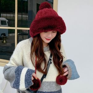 Autumn and Winter Ladies Cotton and Cashmere Skullcap Three Fur Balls Cute Plus Velvet Thickening  Pure Color Knitted Hat  Size: Free Size(Wine Red)
