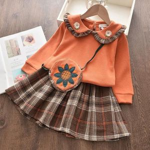 Plaid Top + Pleated Half-length Princess Skirt Two-piece Suit (Color:Orange Size:110)