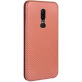 For OnePlus 6 Carbon Fiber Texture Magnetic Horizontal Flip TPU + PC + PU Leather Case with Card Slot(Brown)