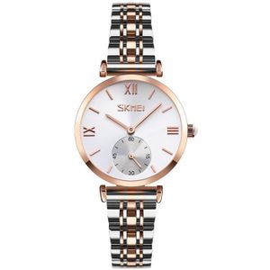 SKMEI 9198 Simple Roman Numeral Dial Metal Belt Quartz Watch for Couples(Rose Gold Silver Women)