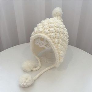 Hand-Woven Children Knitted Ear Protection Hat Autumn and Winter Thickened Baby Pineapple Grain Woolen Hat  Size: 48-53cm Head Circumference(White)