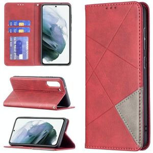 For Samsung Galaxy S21 FE Rhombus Texture Horizontal Flip Magnetic Leather Case with Holder & Card Slots & Wallet(Red)