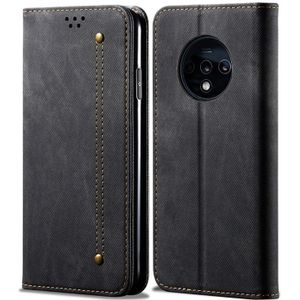 For OnePlus 7T Denim Texture Casual Style Horizontal Flip Leather Case with Holder & Card Slots & Wallet(Black)