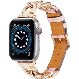 Voor Apple Watch Series 8&7 41mm / SE 2&6&SE&5&4 40mm / 3&2&1 38mm ketting + lederen horlogeband (roségoud + roze)