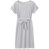 Slim-fit Waist Slimming Round Neck Striped Belt Dress (Color:Pinstripe Gray Size:S)