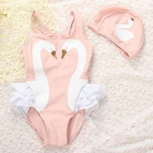 Swan Flamingo Girls Swimwear with Swimming Cap  Size:L (2-3years)(Pink Swan)